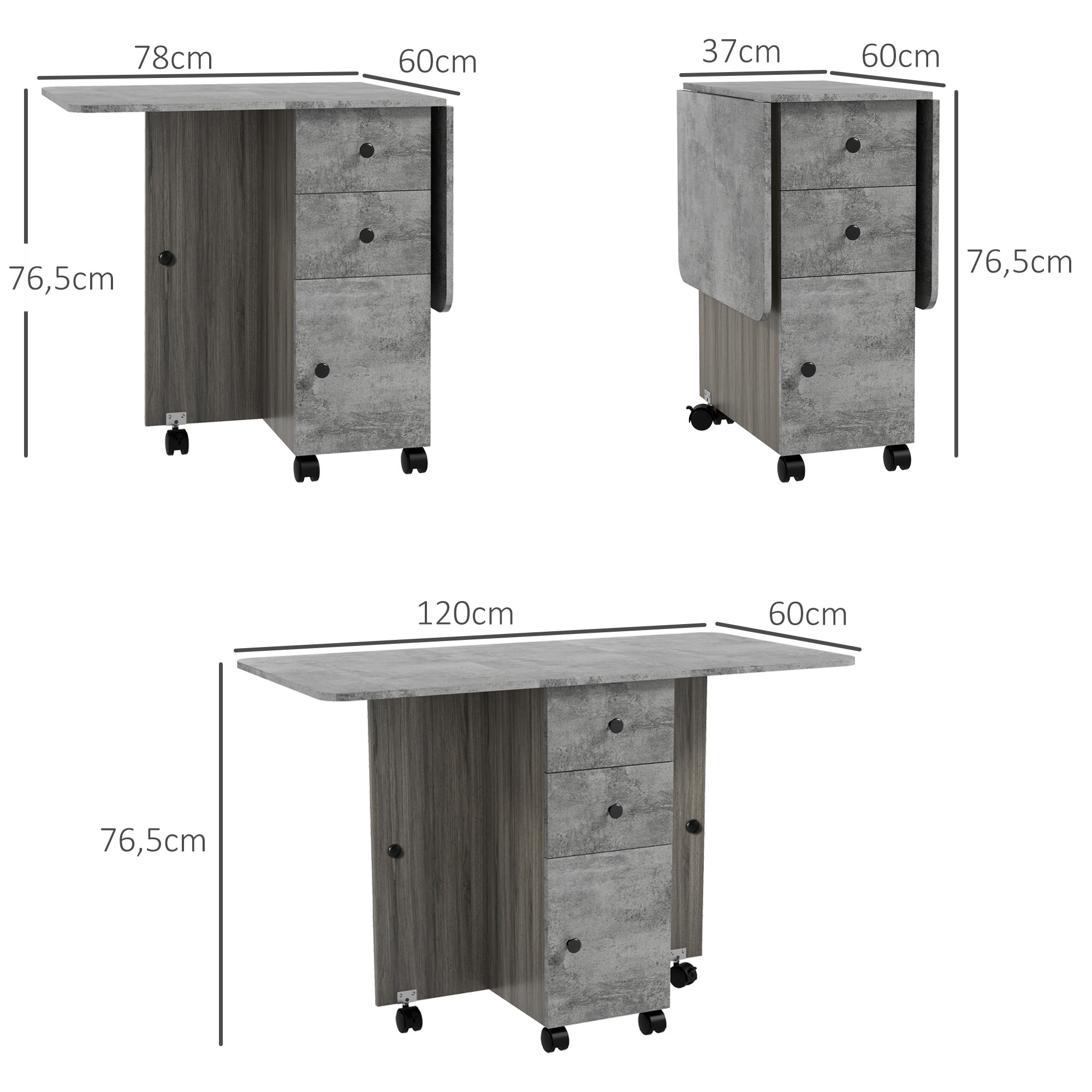 Mesa Plegable de Comedor, Mesa de Cocina Plegable, con Ruedas, Alas Abatibles, 2 Cajones, Estante y Armario, Hasta 6 Personas, para Salón, Espacio Pequeño, 120x60x76,5 cm, Gris