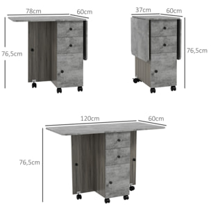 Mesa Plegable de Comedor, Mesa de Cocina Plegable, con Ruedas, Alas Abatibles, 2 Cajones, Estante y Armario, Hasta 6 Personas, para Salón, Espacio Pequeño, 120x60x76,5 cm, Gris