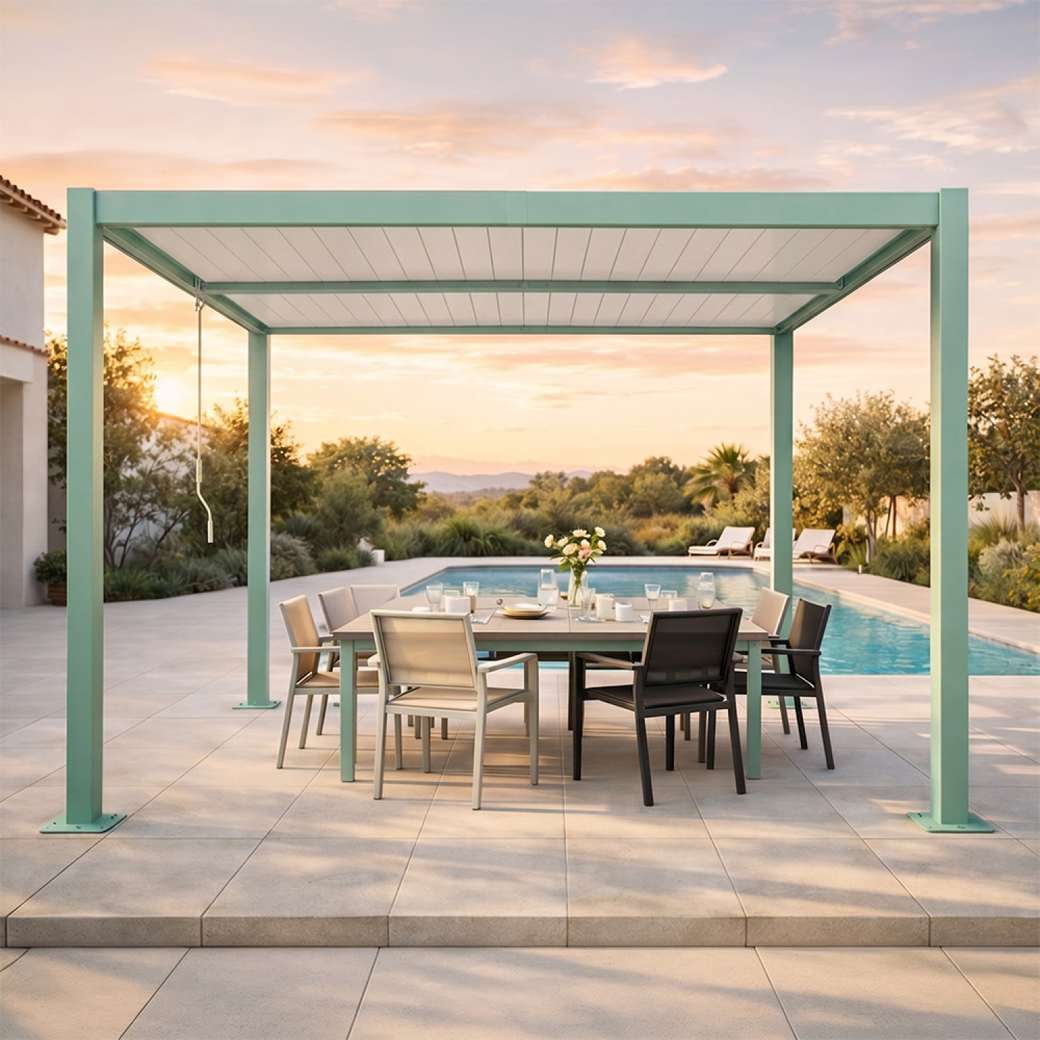Pergola bioclimatique structure et lames orientables en aluminium vert 3x3m SOPRON