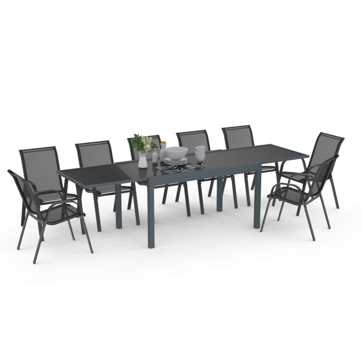 Table de jardin extensible 135-270cm verre trempé gris
