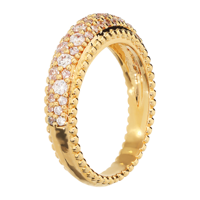 Anello Fedina placcato Oro Giallo 18Kt con Pavé di Cubic Zirconia e Bordi Lavorati