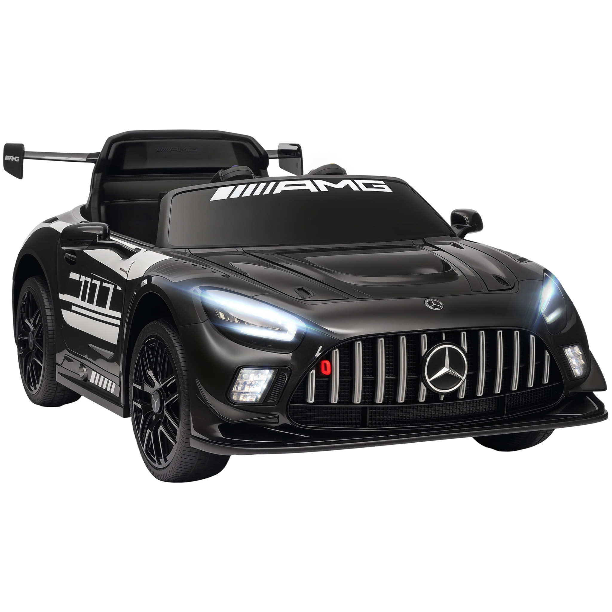 Coche Eléctrico para Niños, Mercedes-AMG GT3 Evo, Coche de Batería 12V, con Mando a Distancia 2,4 G, Motor Doble, Ruedas Auxiliares, Asa de Arrastre, Música Inalámbrica, Faros, Negro