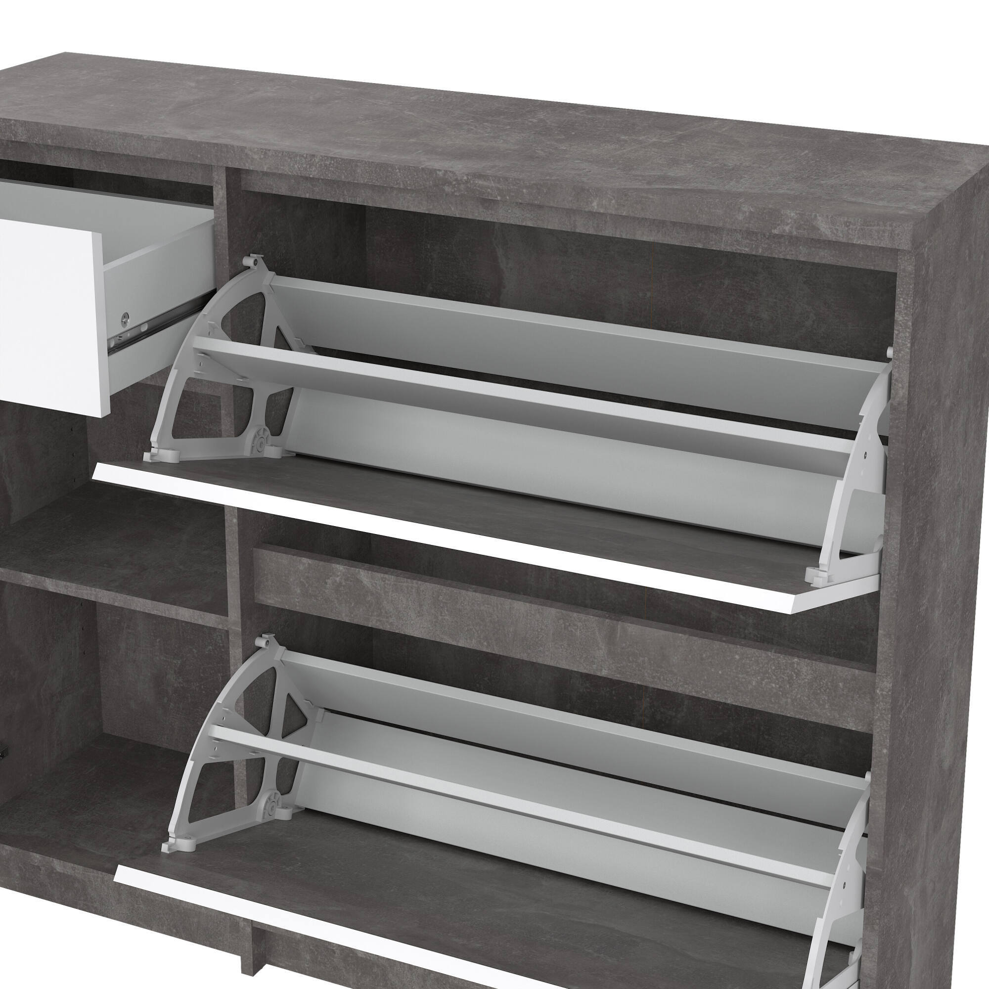 Scarpiera Todd, Mobile portascarpe, Armadio da ingresso multiuso, Mobiletto per calzature, 109x32 h93 cm, Cemento e Bianco lucido