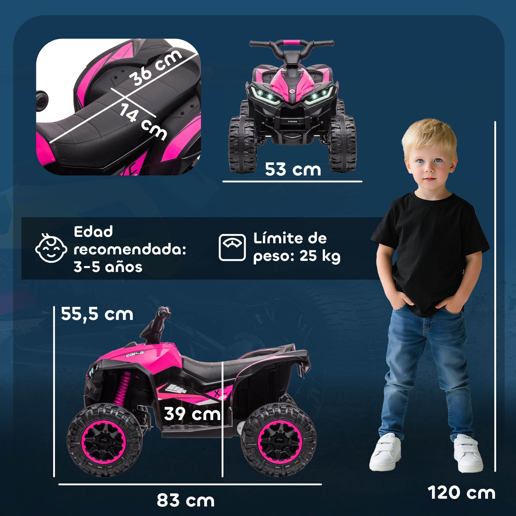 Quad Eléctrico para Niños 12V, Quad para Niños de 3-5 Años, con 2 Motores, Velocidad Ajustable 3-6km/h, Faros, Bocina, Música, USB, Avance y Retroceso, Rosa