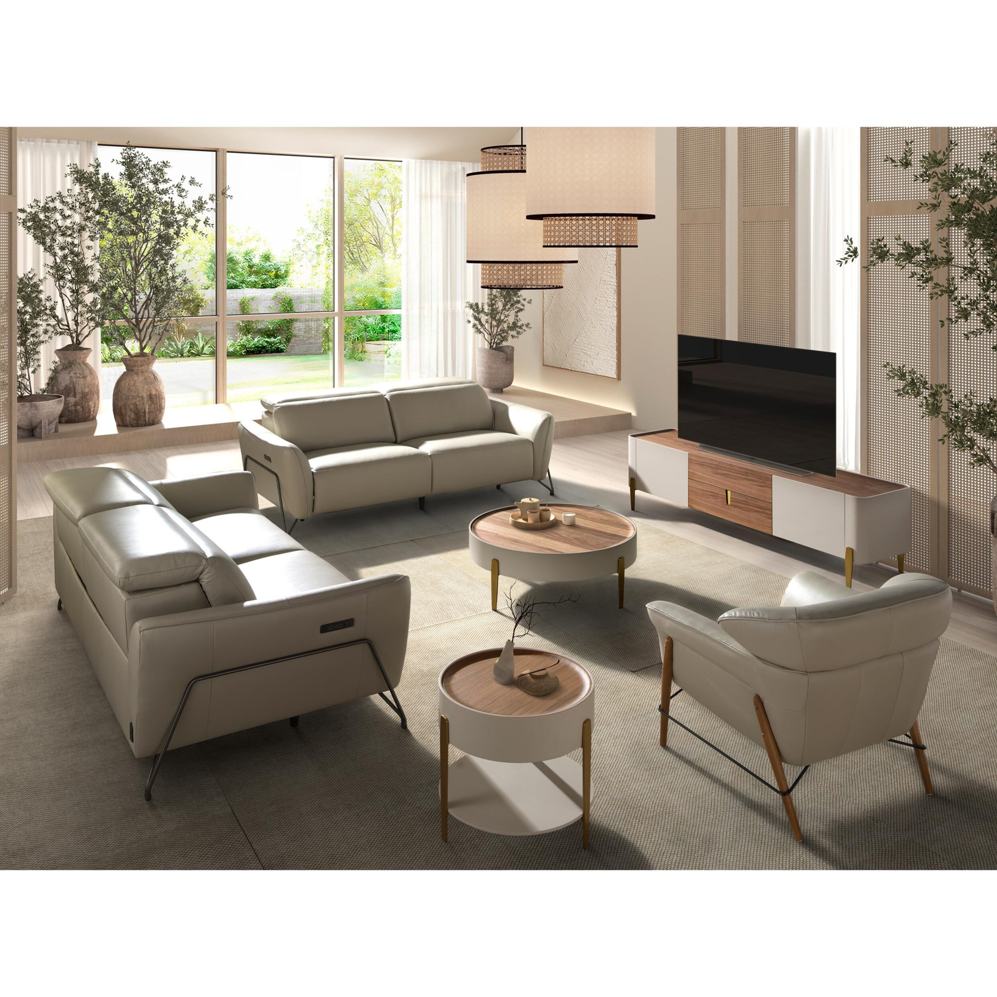 Sofá relax de 3 plazas tapizado en piel de origen vacuno en arena con reposacabezas patas de acero inoxidable oscurecido 2 sistemas de relax eléctrico 213x111x104cm