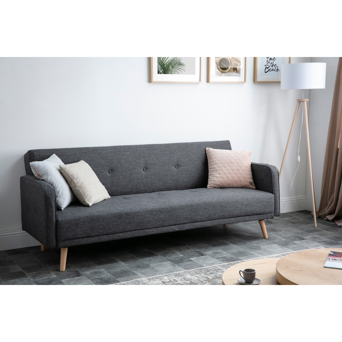 Canapé convertible scandinave 3 places en tissu gris foncé et bois clair ULLA