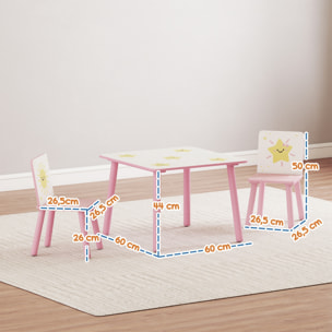 Mesa y Sillas Infantiles de 3 Piezas, Mesa Infantil con 2 Sillas de Madera de Pino, Juego de Muebles con Dibujos de Estrella para niños de +3 Años, para Dormitorio, Sala de Juegos, Rosa