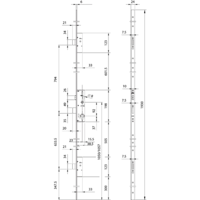 Serrure multipoint à larder ISEO Performa - Têtière U 1930x24x6 mm Acier INOX - Entraxe 92 mm - Axe 30 mm - 7232523028