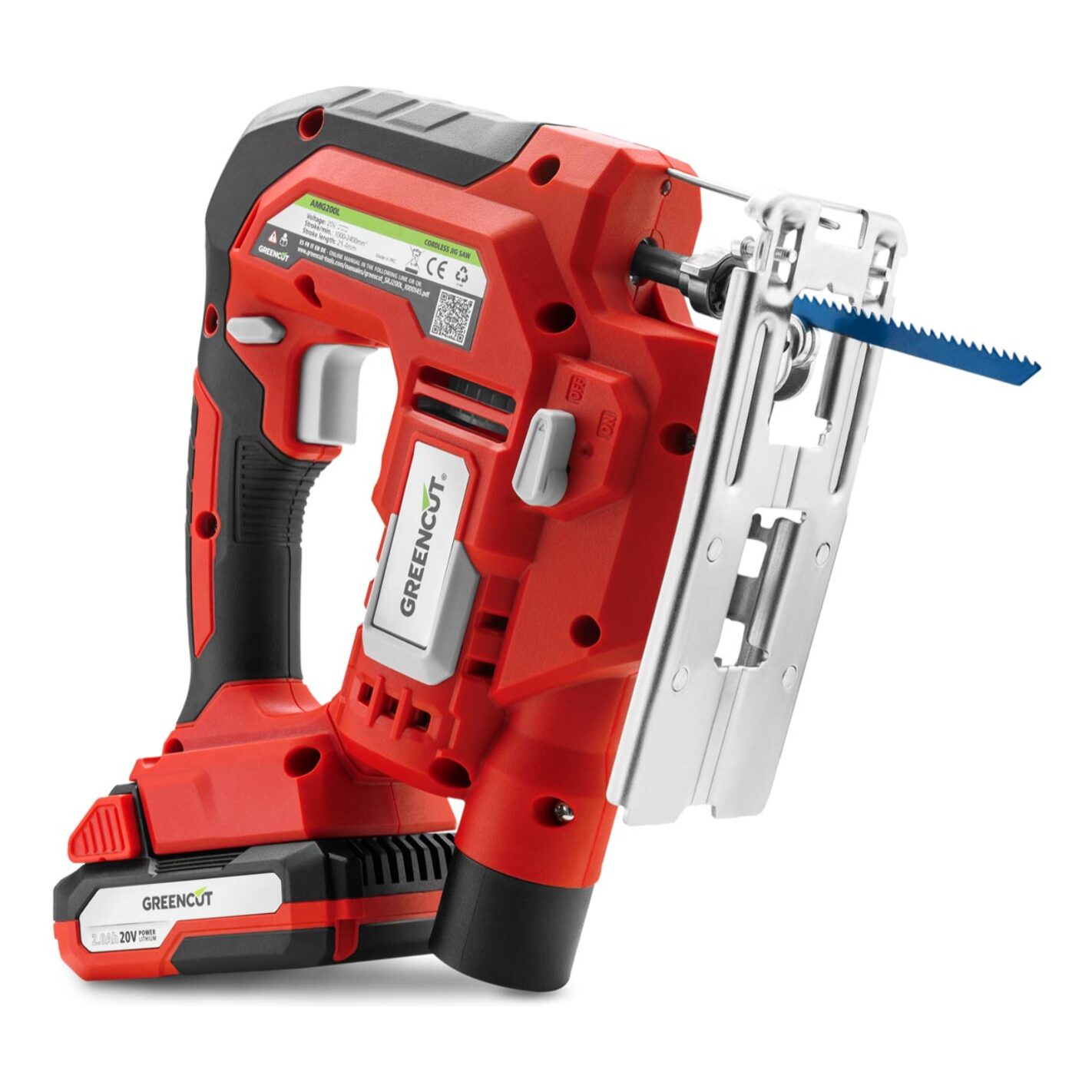 Sierra de calar 20V 4 posiciones de hoja, velocidad ajustable, 65mm de profundidad de corte - Greencut SRJ200L
