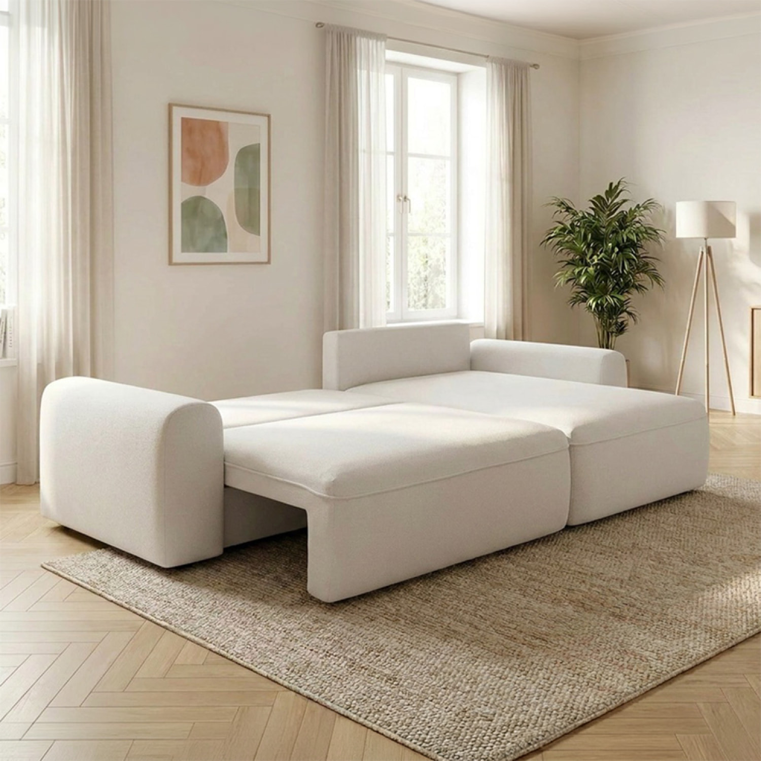 Canapé d'angle convertible beige 4 places tissu bouclé + coffre OLIZE