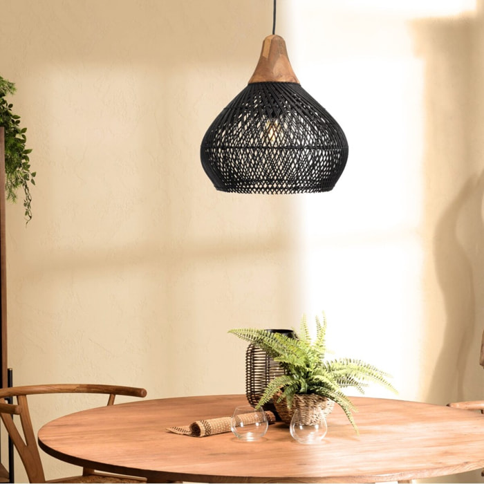 SIXTINE - Suspension 'cloche' 40x40cm en rotin couleur noire et teck