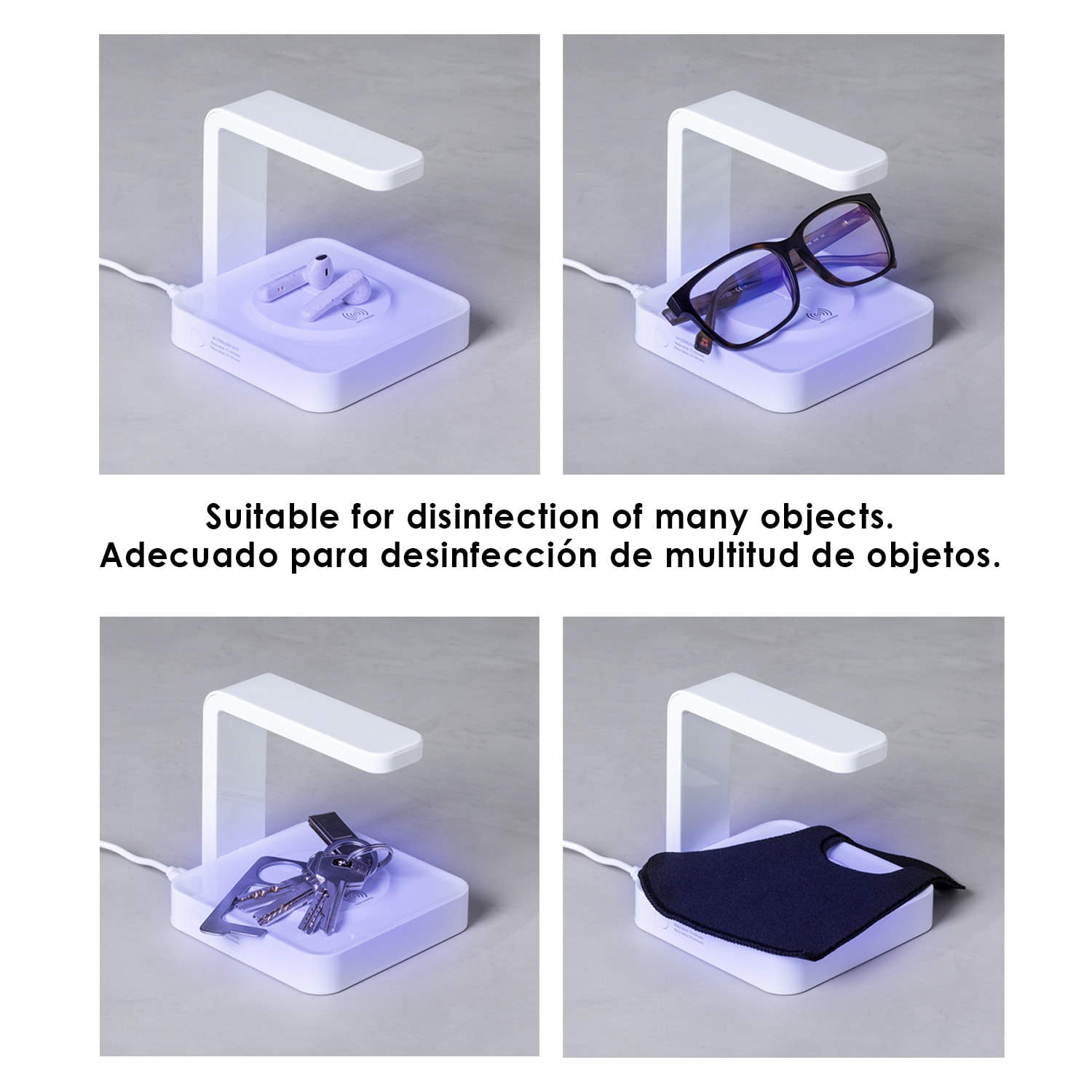 Lampada sterilizzatrice Blay a luce ultravioletta di tipo C con caricatore wireless integrato per smartphone.