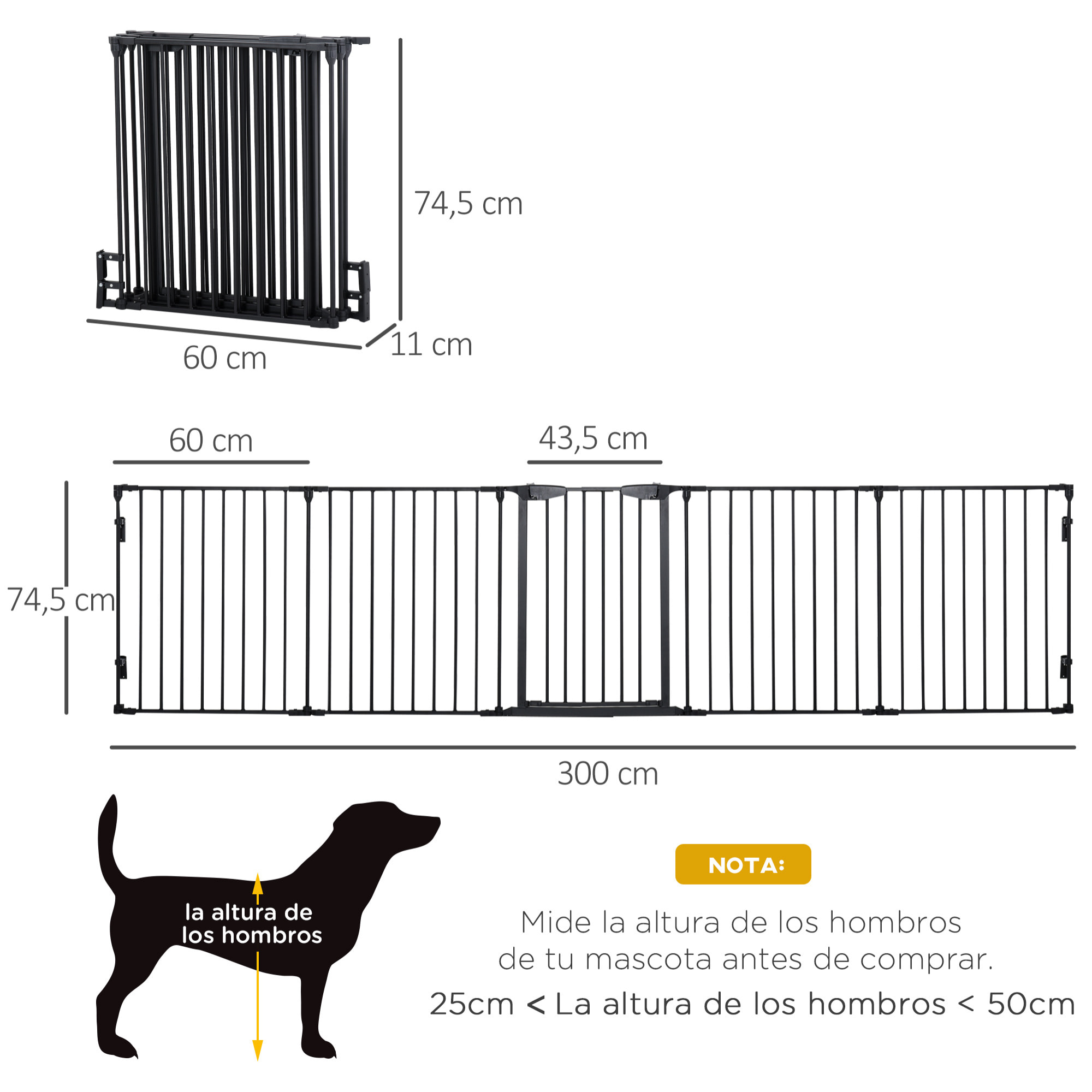 Barrera de Seguridad para Mascotas 300 cm Parque para Perros Plegable de 5 Paneles con Cierre Inteligente para Escalera Pasillo Negro