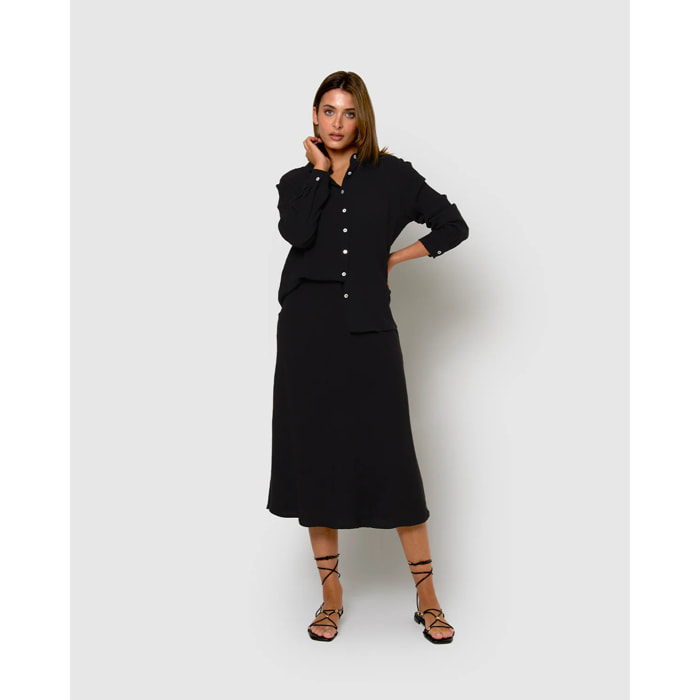 Falda midi evasé algodón lino negro