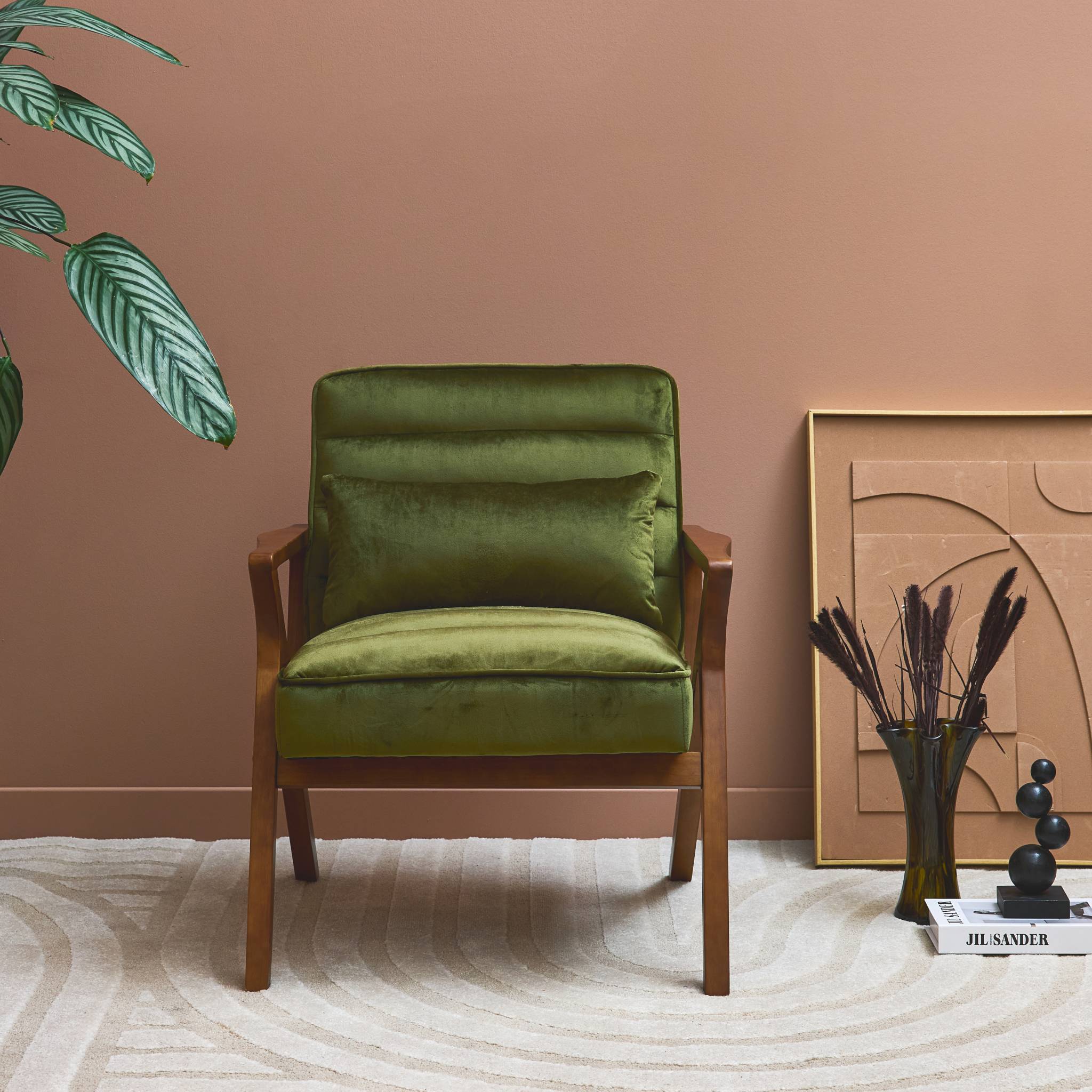Fauteuil scandinave bois d'hévéa et velours kaki