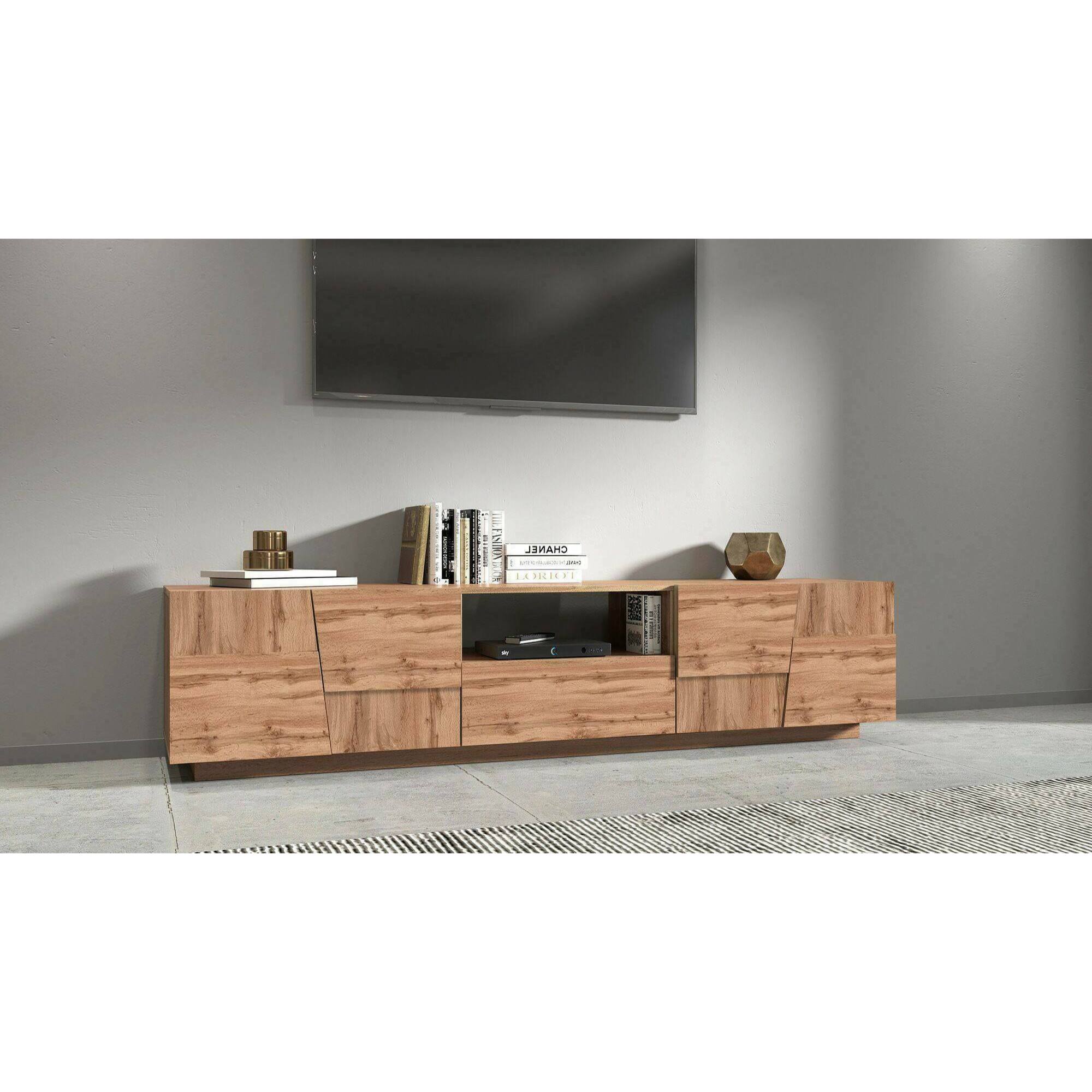 Mobile porta TV Dcortinovi, Credenza bassa da soggiorno con 4 ante e 1 cassetto, Base porta TV, 220x44h46 cm, Rovere