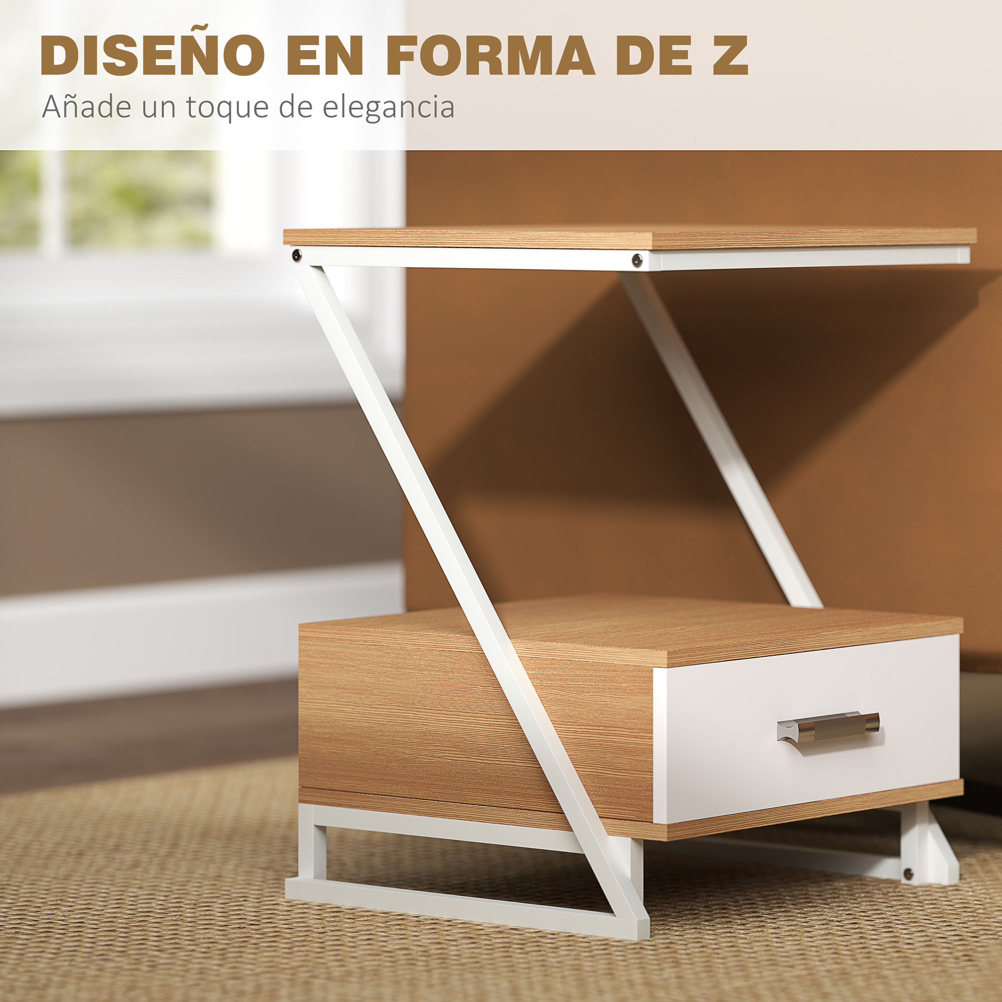 Juego de 2 Mesas Auxiliares para Salón Mesitas Auxiliares en Forma de Z con Cajón y Compartimento Mesita Auxiliar para Salón Dormitorio 40x35x50 cm Madera Natural