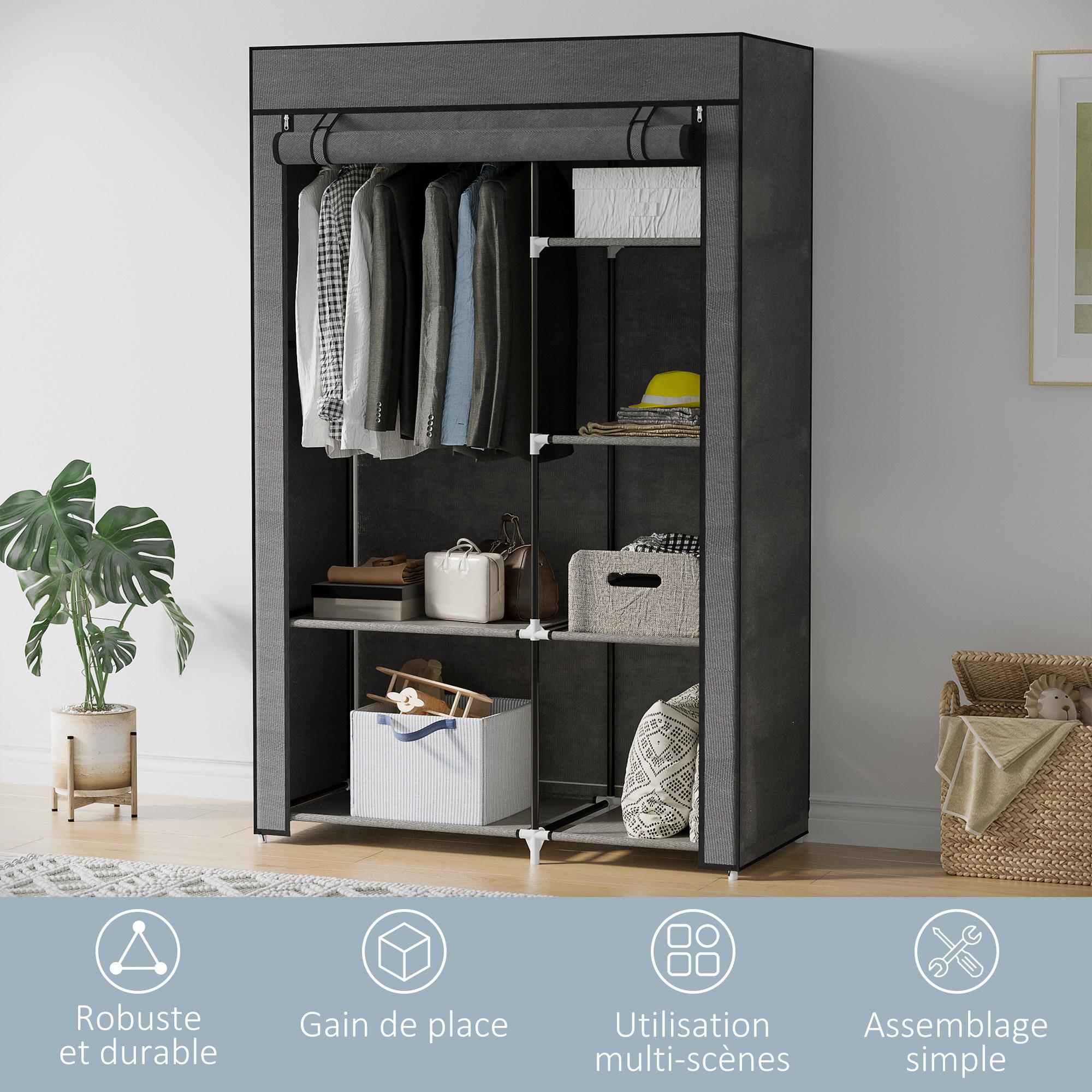 Armoire penderie multi-rangement - 6 étagères, 1 barre - dim. 103L x 43l x 162,5H cm - acier noir non tissé gris