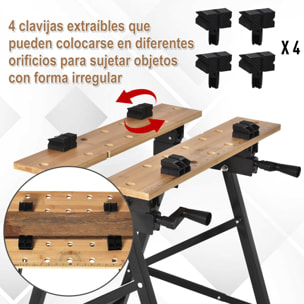 HOMCOM Banco de Trabajo Plegable Portátil con Tableros Ajustables en Ángulo y Distancia Bambú y Acero Carga Máx. 150 kg 63,5x60,5x78 cm Madera Natural y Negro