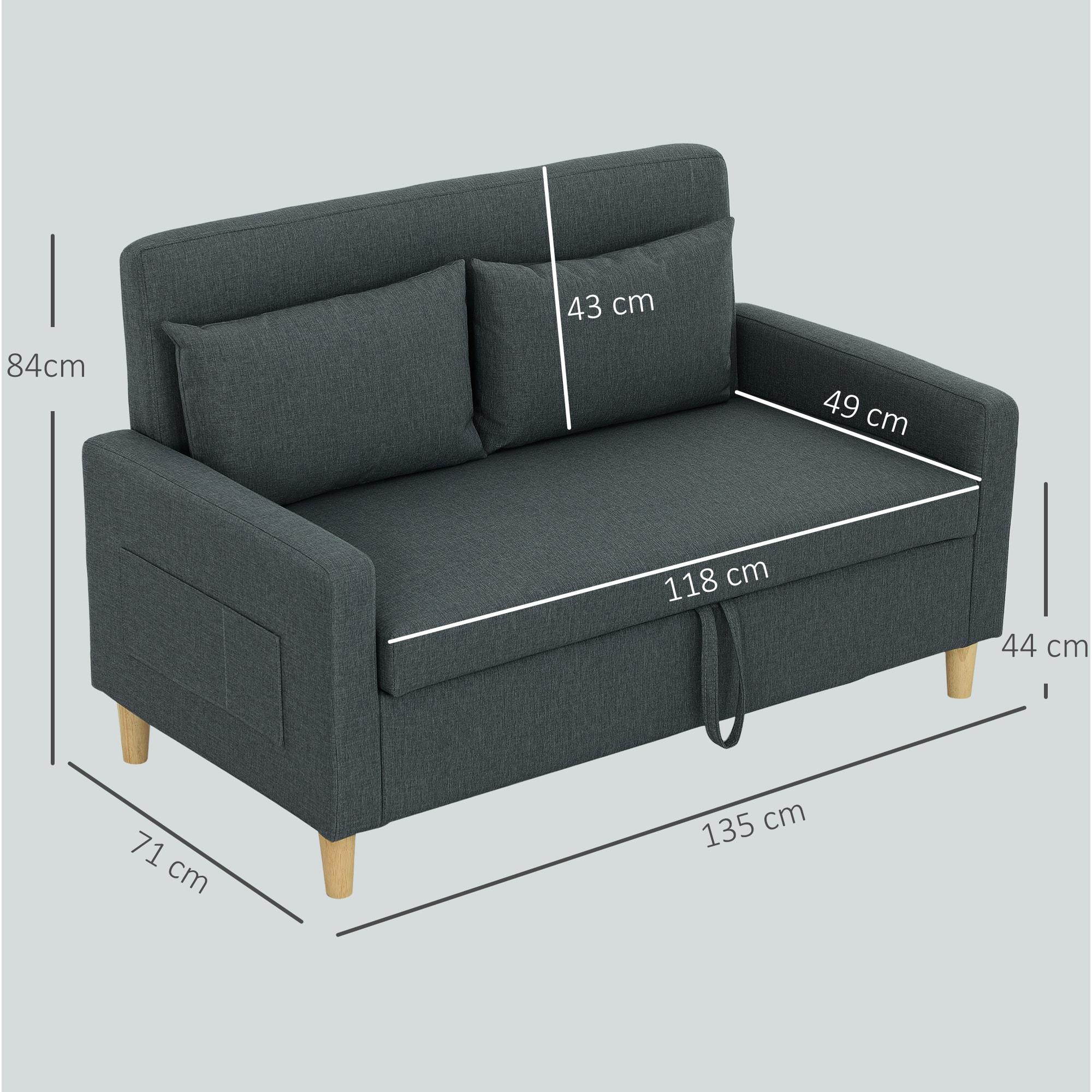 HOMCOM Sofá de 2 Plazas Tapizado en Lino Sintético con Espacio de Almacenamiento, Sofá Moderno con 2 Almohadas, Bolsillo y Patas de Madera, Carga 240 kg para Dormitorio, Salón 135x71x84 cm Gris Oscuro