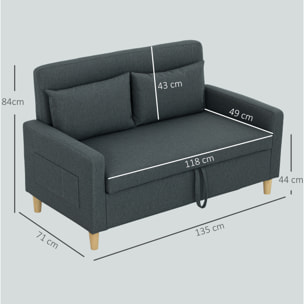 HOMCOM Sofá de 2 Plazas Tapizado en Lino Sintético con Espacio de Almacenamiento, Sofá Moderno con 2 Almohadas, Bolsillo y Patas de Madera, Carga 240 kg para Dormitorio, Salón 135x71x84 cm Gris Oscuro