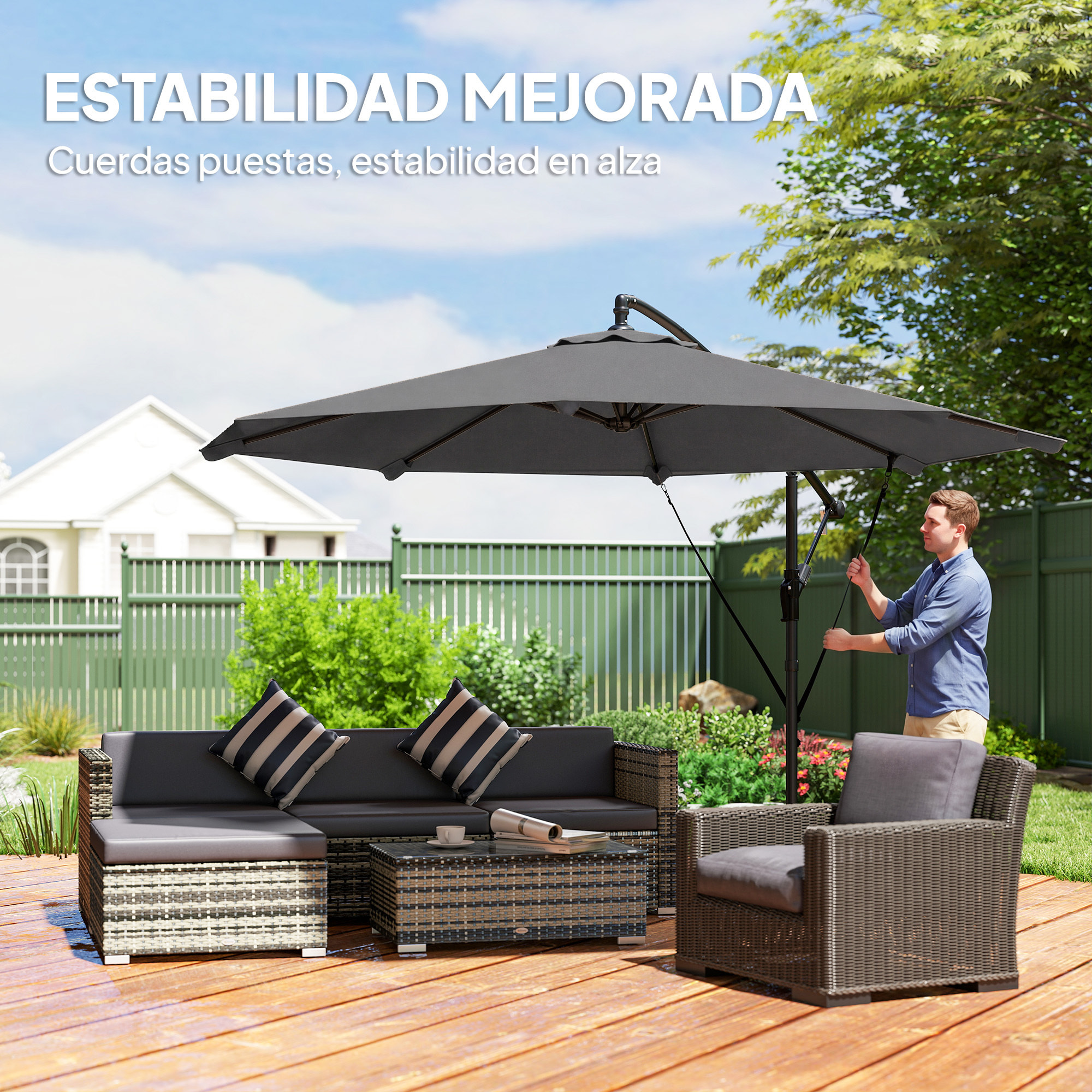Parasol Excéntrico, Ø300 cm, Sombrilla de Jardín con Base Cruzada, Manivela, Funda Protectora y Cuerdas de Viento, UPF30+, para Terraza, Patio, Gris Oscuro
