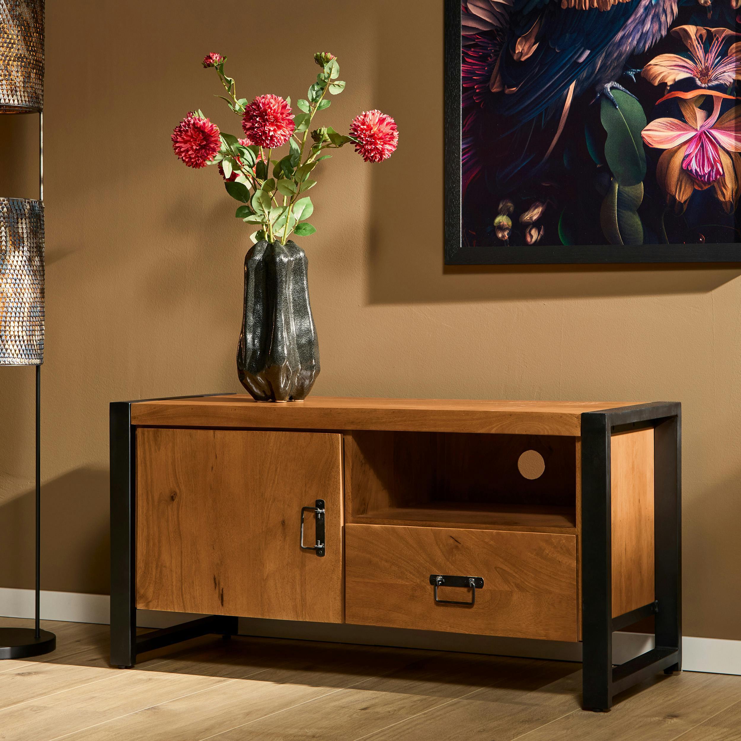 Petit meuble TV bois métal 1 tiroir 1 porte MILORA