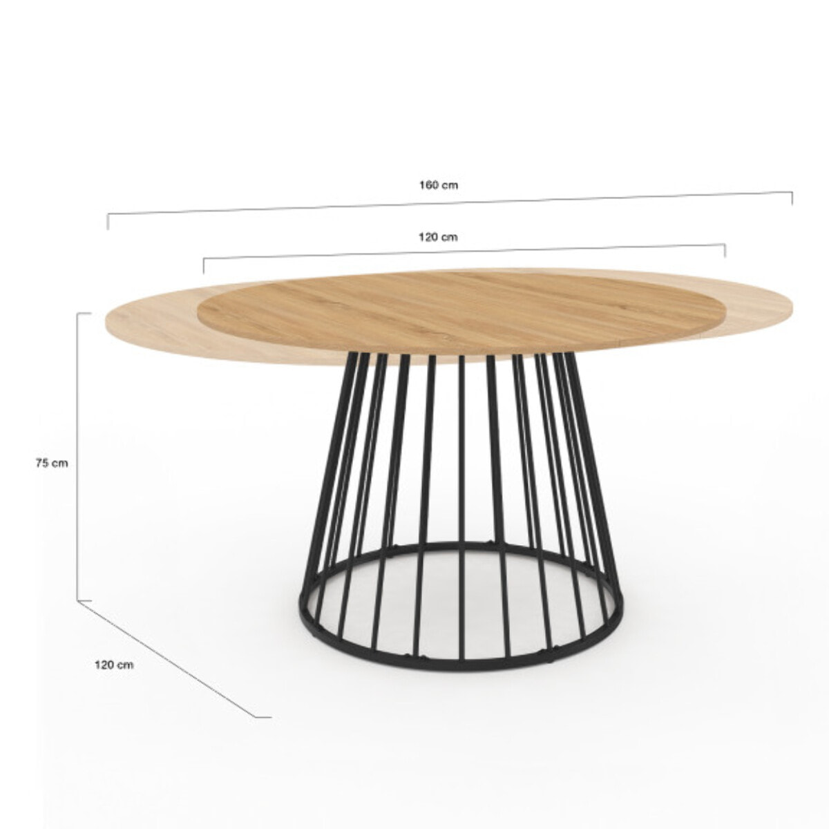 Table repas Adelle plateau rond extensible et pied filaire noir - Bois / Noir