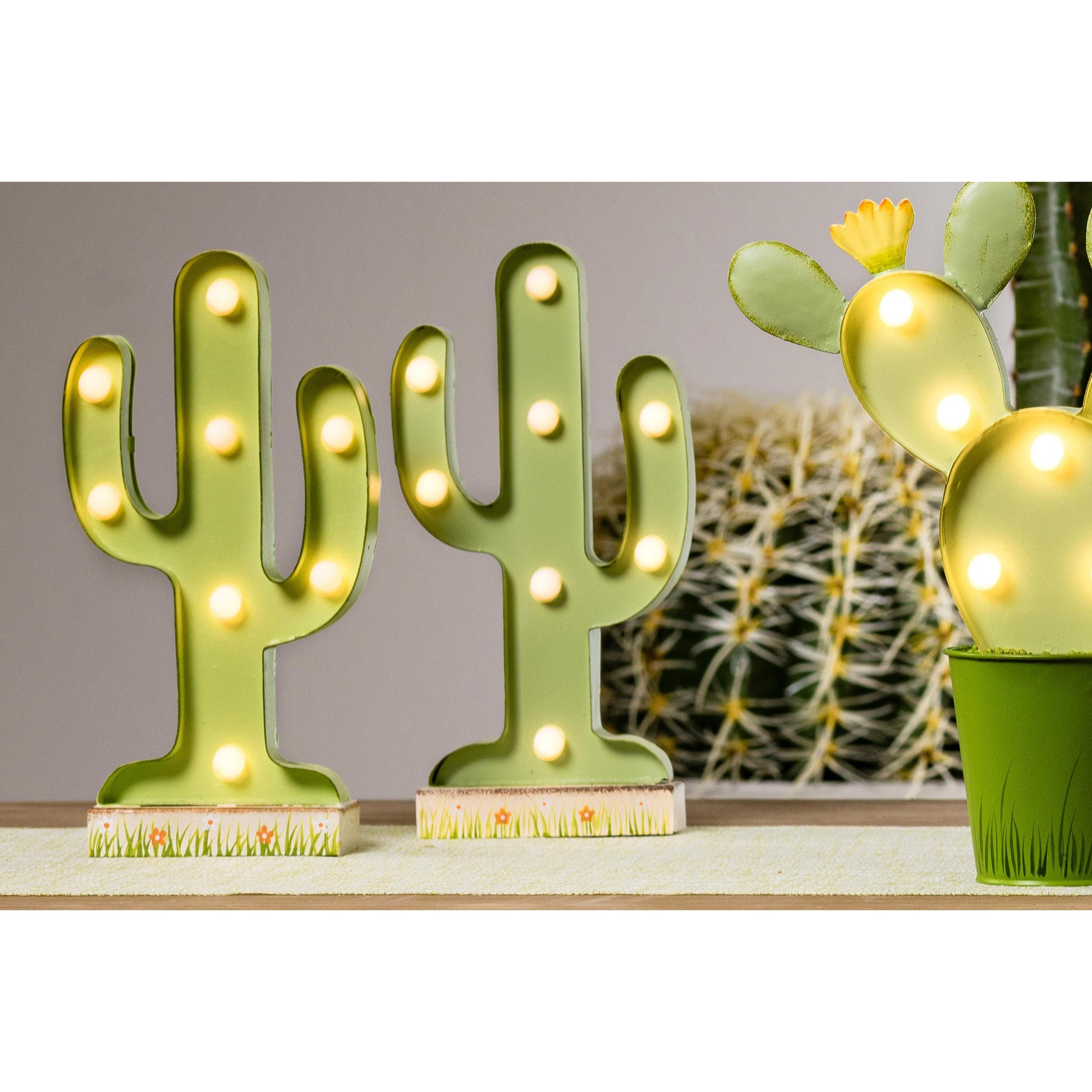 Cactus Con Luci. Altezza 24 Cm - Pezzi 1 - 12X24X4cm - Colore: Verde - Bianchi Dino - Decori Casa E Complementi