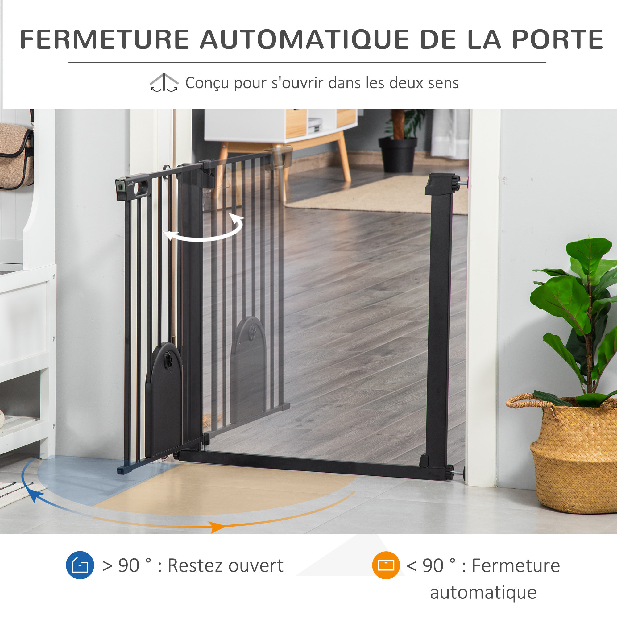 Barrière de sécurité animaux de 76H cm barrière chien chat avec porte fermeture automatique système de double verrouillage fixation par pressionde de 75 à 82 cm acier et ABS noir