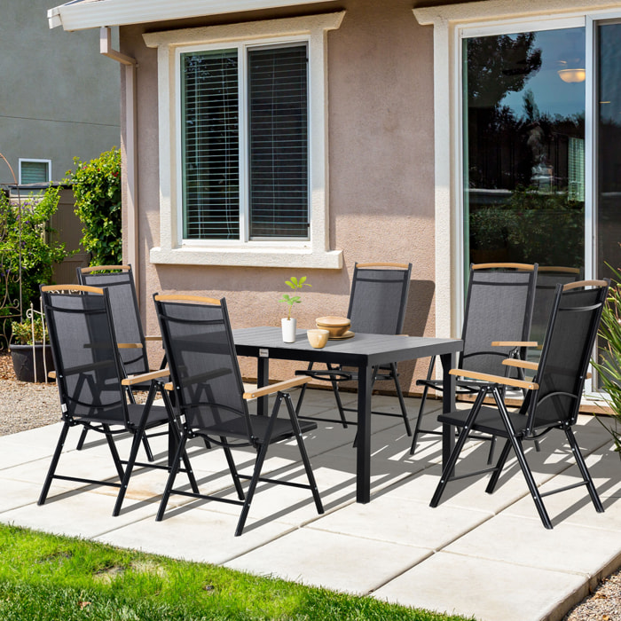 Ensemble table de jardin 6 personnes - chaises pliables inclinables accoudoirs - alu textilène noir plastique effet bois