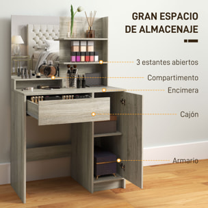 Tocador de Maquillaje con Taburete, Tocador con Espejo, Estantes Abiertos, Cajón y Estante Ajustable, Anti-vuelco, para Dormitorio, Salón y Vestidor, Natural