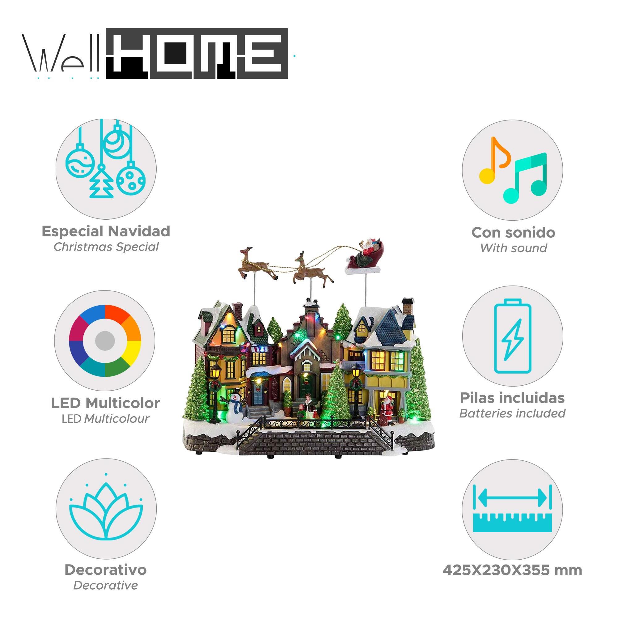 Casa navideña village con 24 luces led multicolor con sonido