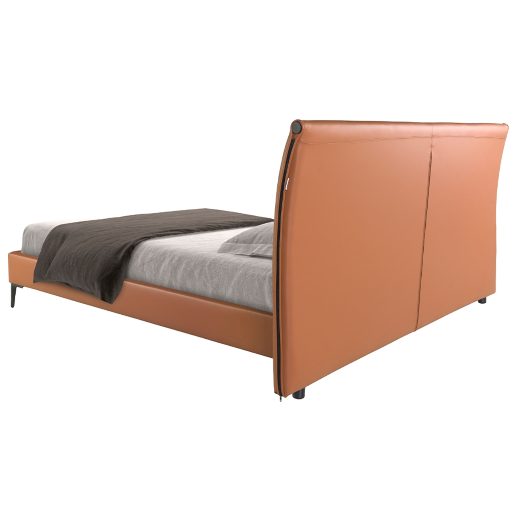 Cama de matrimonio con cabecero y estructura en polipiel marrón y patas de acero inoxidable en epoxi negro 205x212x110cm