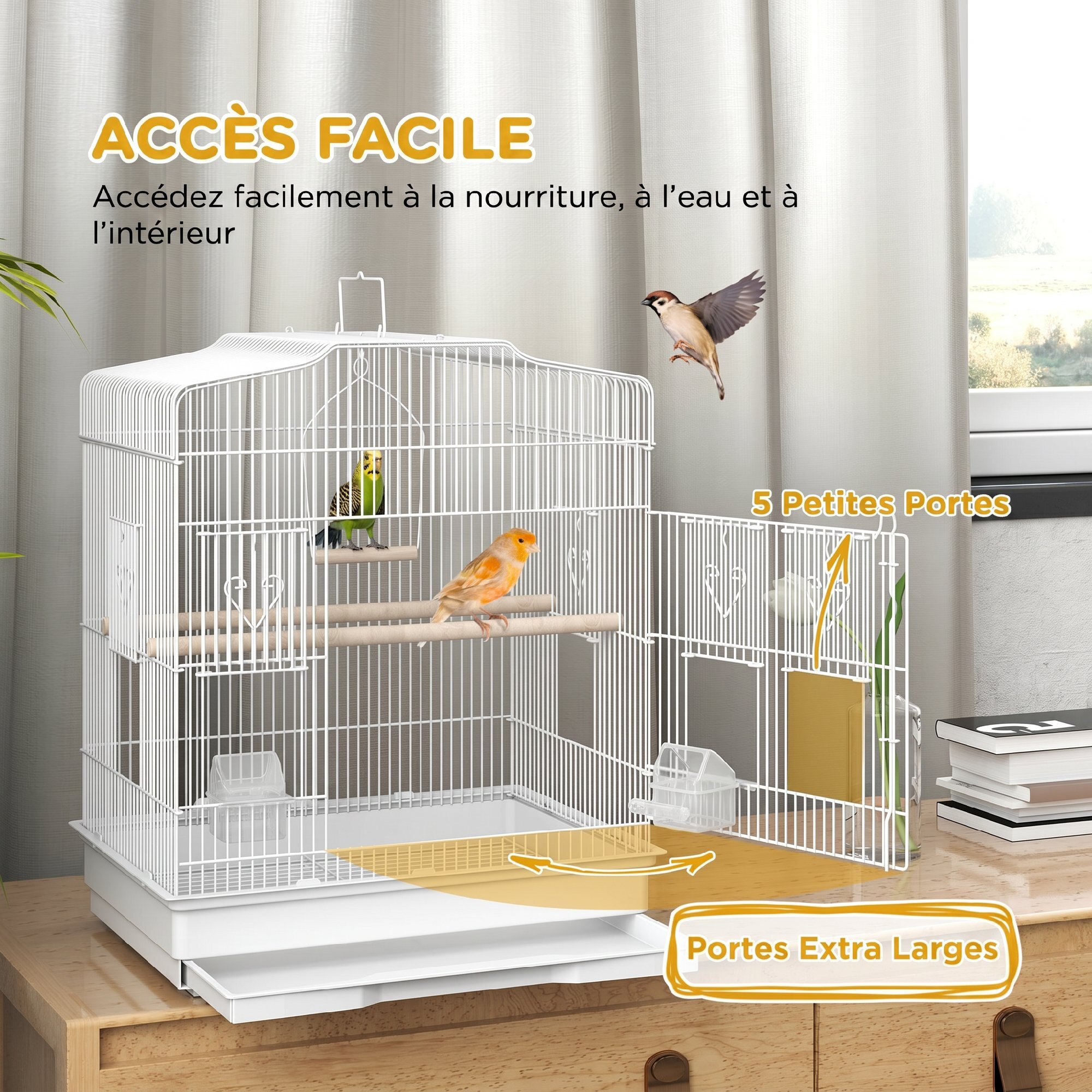 Cage oiseaux portable grande porte 5 trappes nourrissage + accessoires