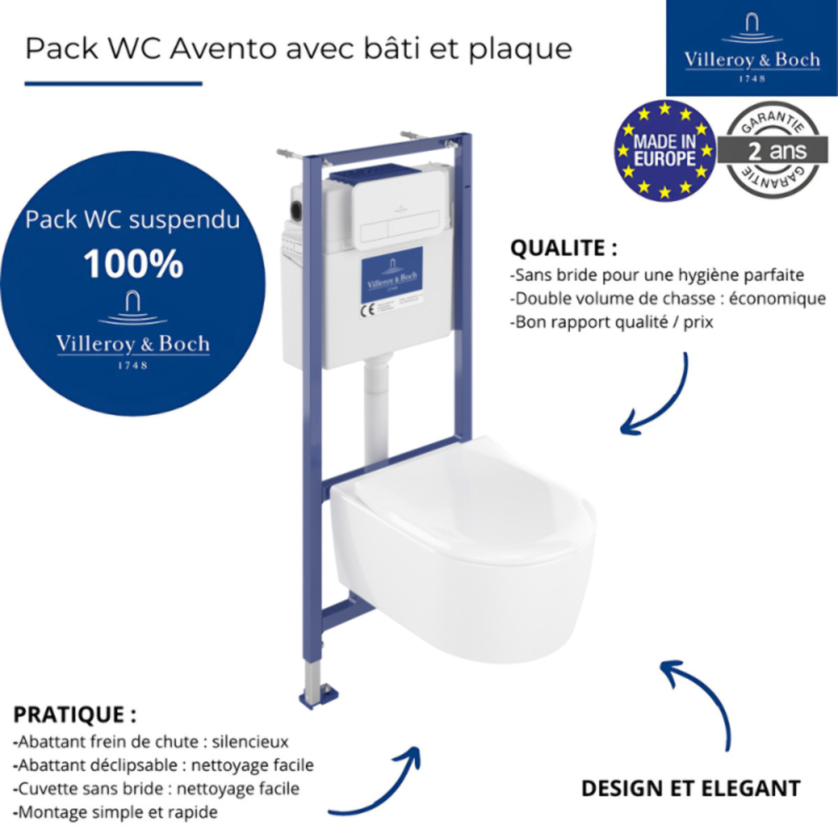 Pack WC suspendu sans bride Avento + Bâti support ViConnect Pro + abattant frein de chute + plaque chromée mat  + Tabouret blanc
