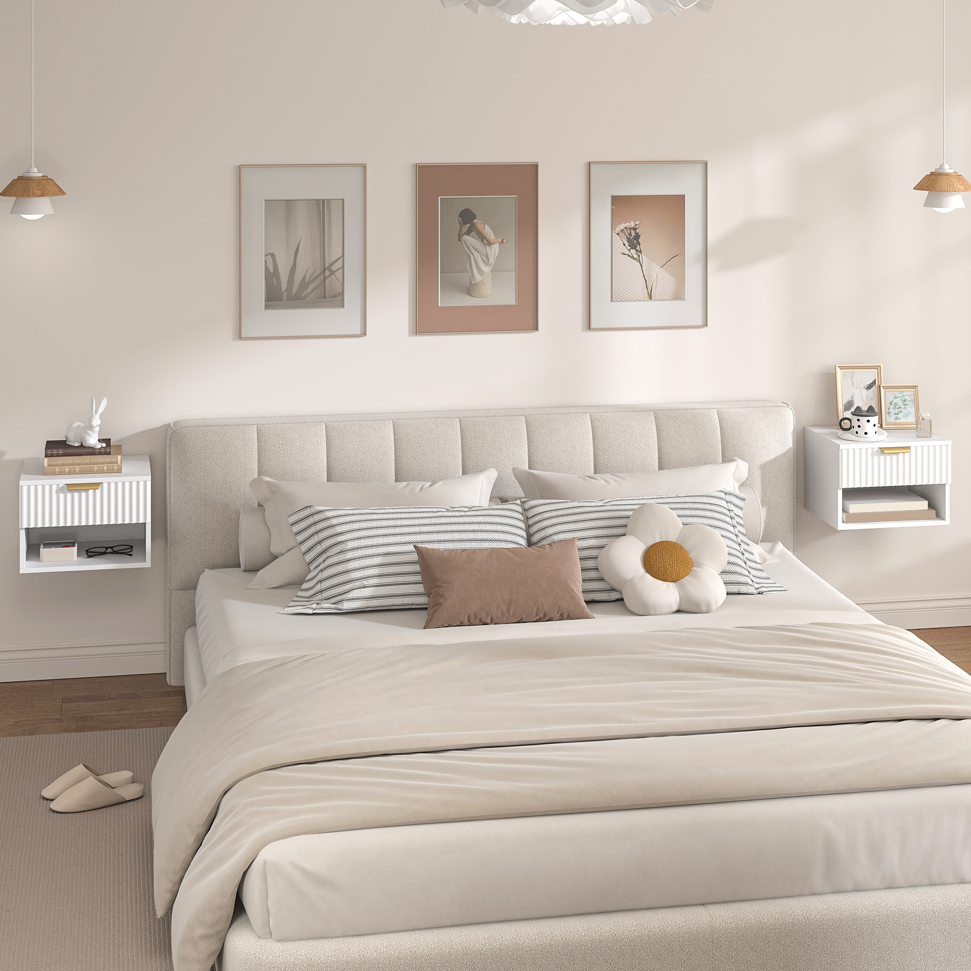 Juego de 2 Mesitas de Noche Flotantes Estrechas, Mesillas de Noche Dormitorio con Cajón con Frente Acanalado y Estante Abierto, para Sala de Estar, 40x34x29 cm, Blanco