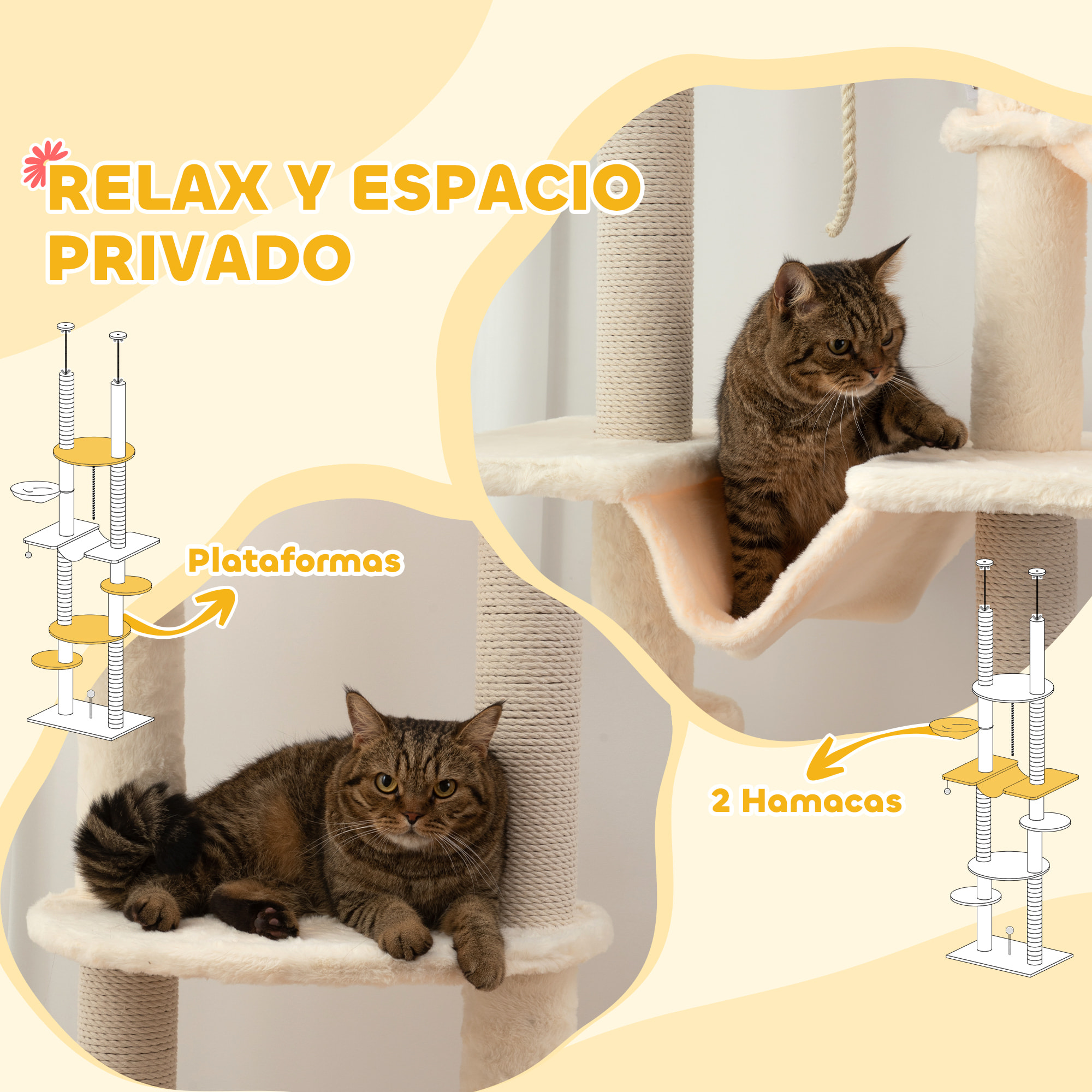 Árbol para Gatos de Suelo a Techo 225-255 cm Árbol Rascador para Gatos de 7 Niveles Torre para Gatos con Hamacas Plataformas Juguete de Cuerda Bola de Juguete Beige y Gris