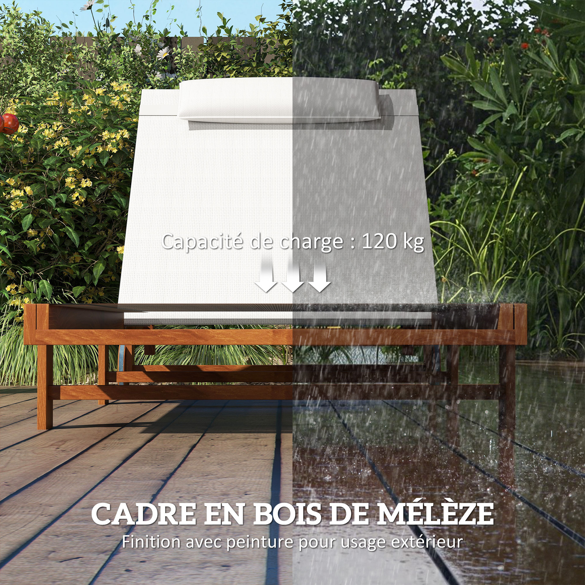 Bain de soleil style exotique bois avec 2 roues - inclinable, tétière - textilène blanc