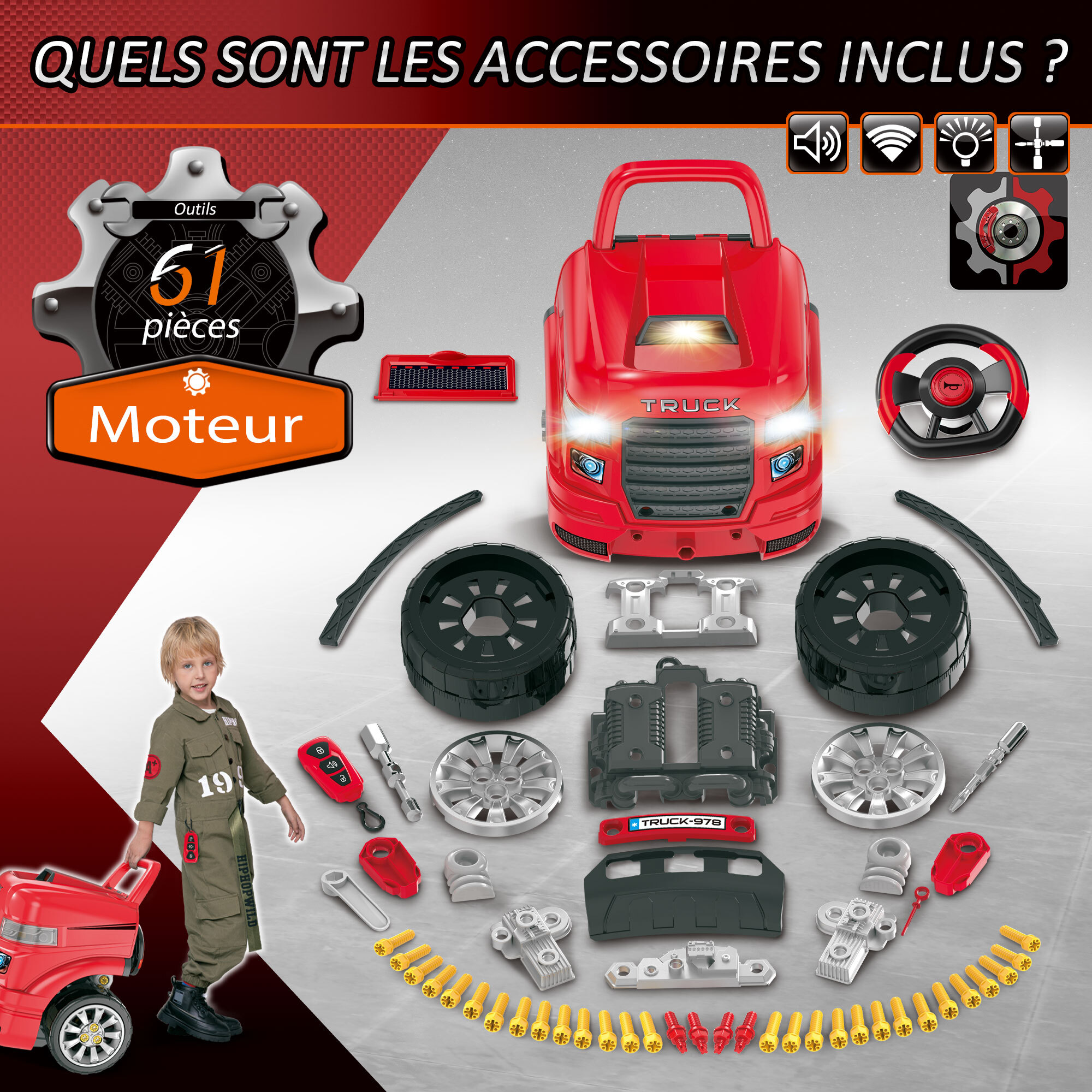 Camion mécano 2 en 1 - jouet bricolage enfant - jeu d'imitation mécanicien - nombreux accessoires total de 61 pièces - effets sonores et lumineux - PP ABS rouge