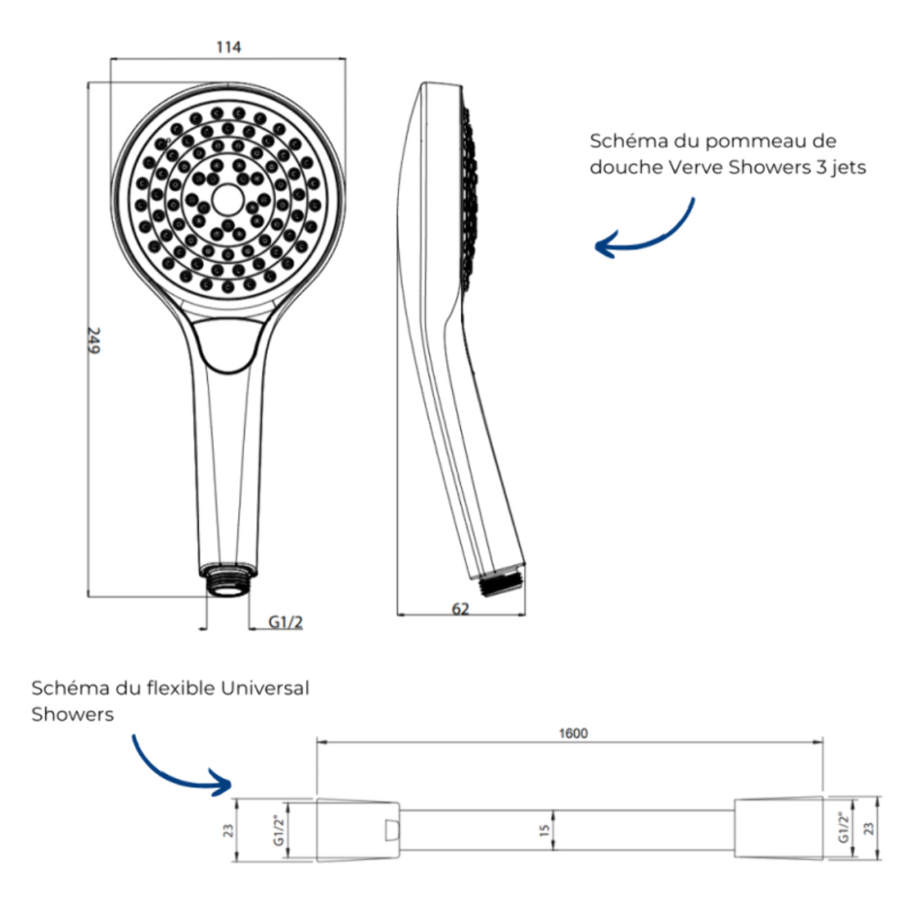 Pommeau de douche VILLEROY & BOCH Verve Showers 3 jets + Flexible de douche Universal Showers 160 cm Chromé