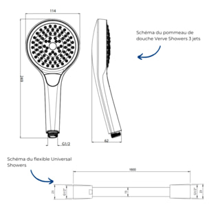 Pommeau de douche VILLEROY & BOCH Verve Showers 3 jets + Flexible de douche Universal Showers 160 cm Chromé