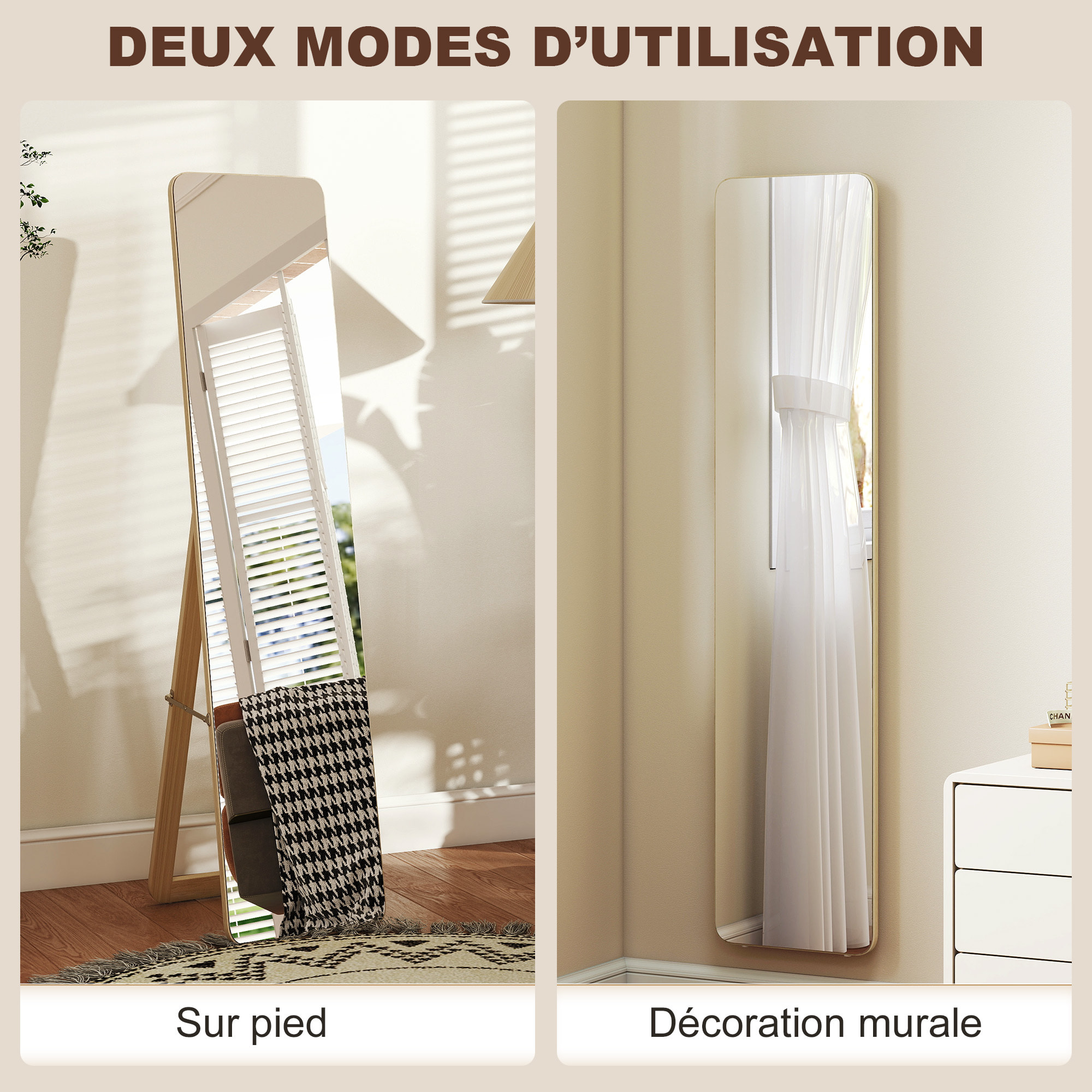 Miroir sur pied et mural rectangulaire dim. 37L x 43l x 156H cm verre MDF bois clair