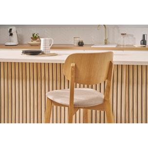 Tabouret de bar en bois clair chêne massif et tissu beige H65 cm LUCIA