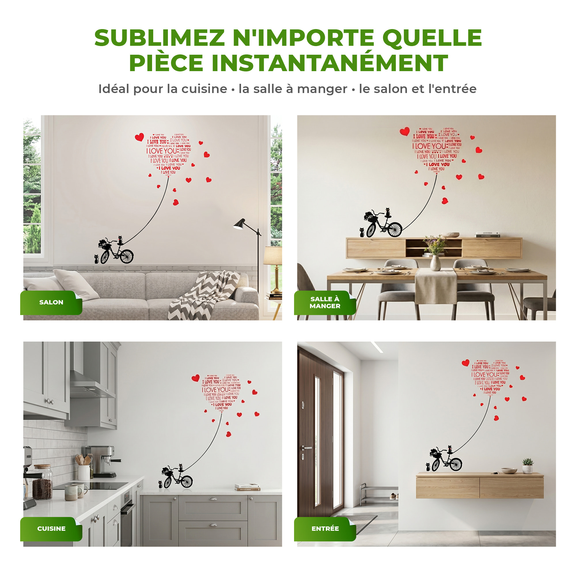 Stickers Muraux décoration adhésifs Love You avec chats et vélo