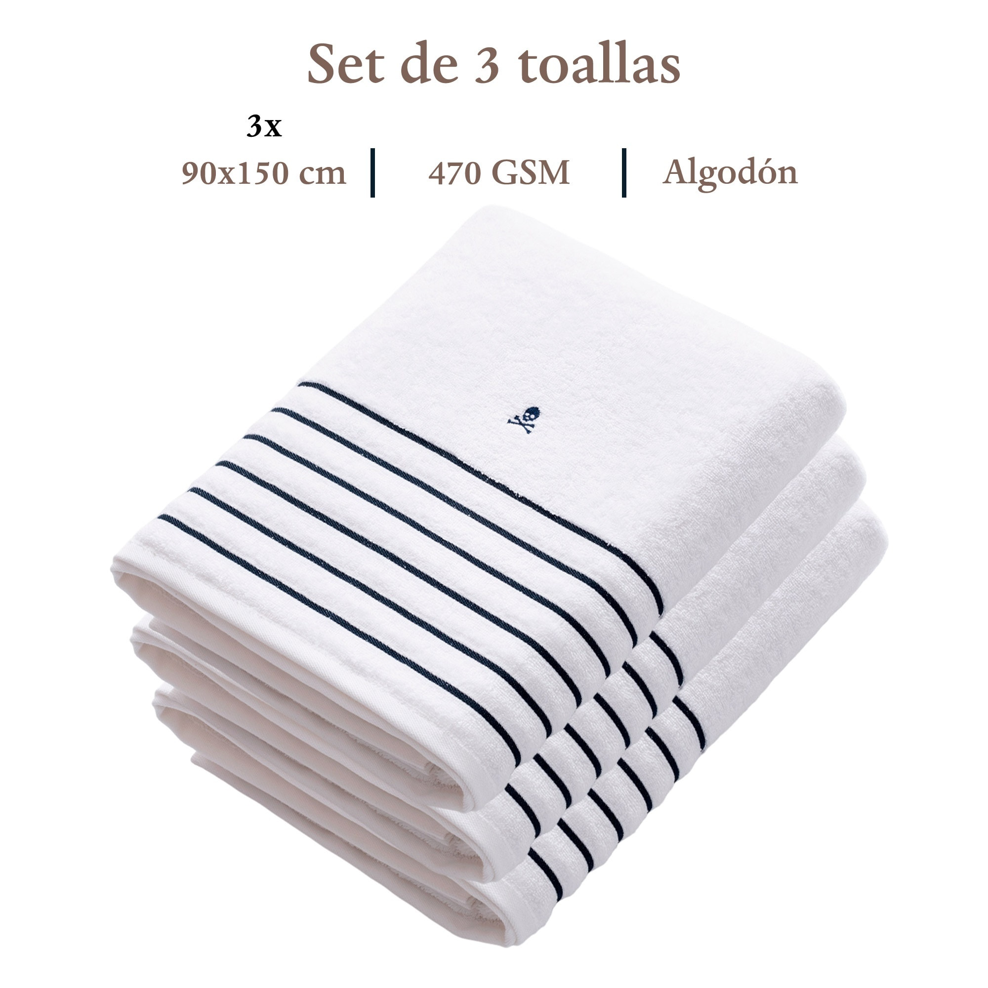 Set de 3 toallas de ducha (150x90), 100% algodón, 470gsm en blanco, scalpers home