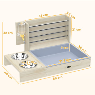 Comedero de Heno para Conejos con Bandeja, Alimentador de Heno de Madera con Cuenco de Acero Inoxidable y Botella de Agua, para Cobayas, Chinchillas, Gran Capacidad y Prevención de Residuos
