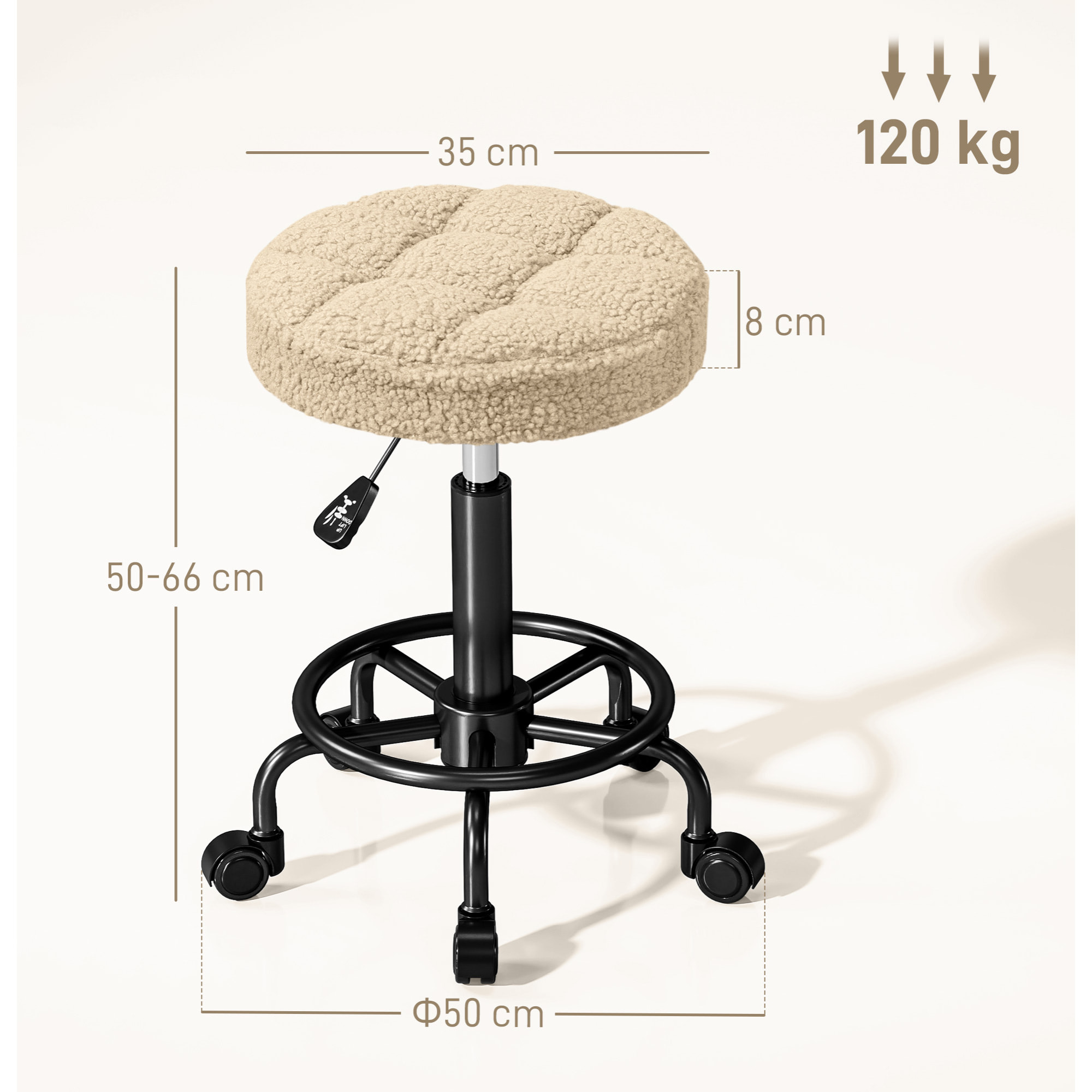 Taburete Giratorio Redondo Taburete con Ruedas Altura Regulable 50-66 cm Asiento Tapizado en Tejido de Borreguito para Salones Talleres Spa Masaje Marrón Claro