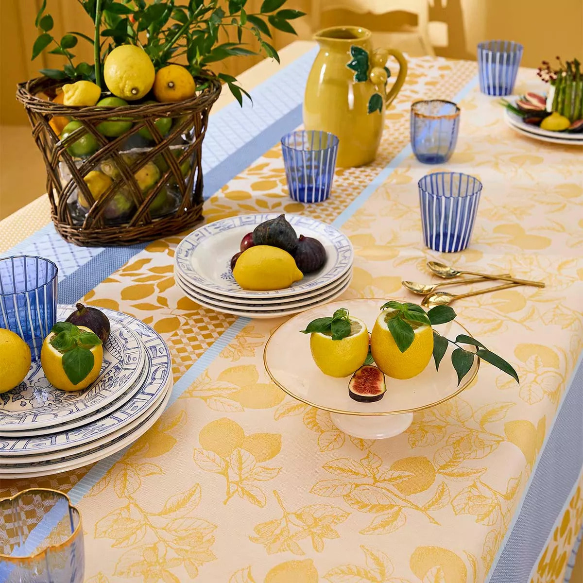 Nappe pur coton 220 g/m² motif jacquard bleu jaune Mille citrons provence
