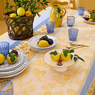 Nappe pur coton 220 g/m² motif jacquard bleu jaune Mille citrons provence